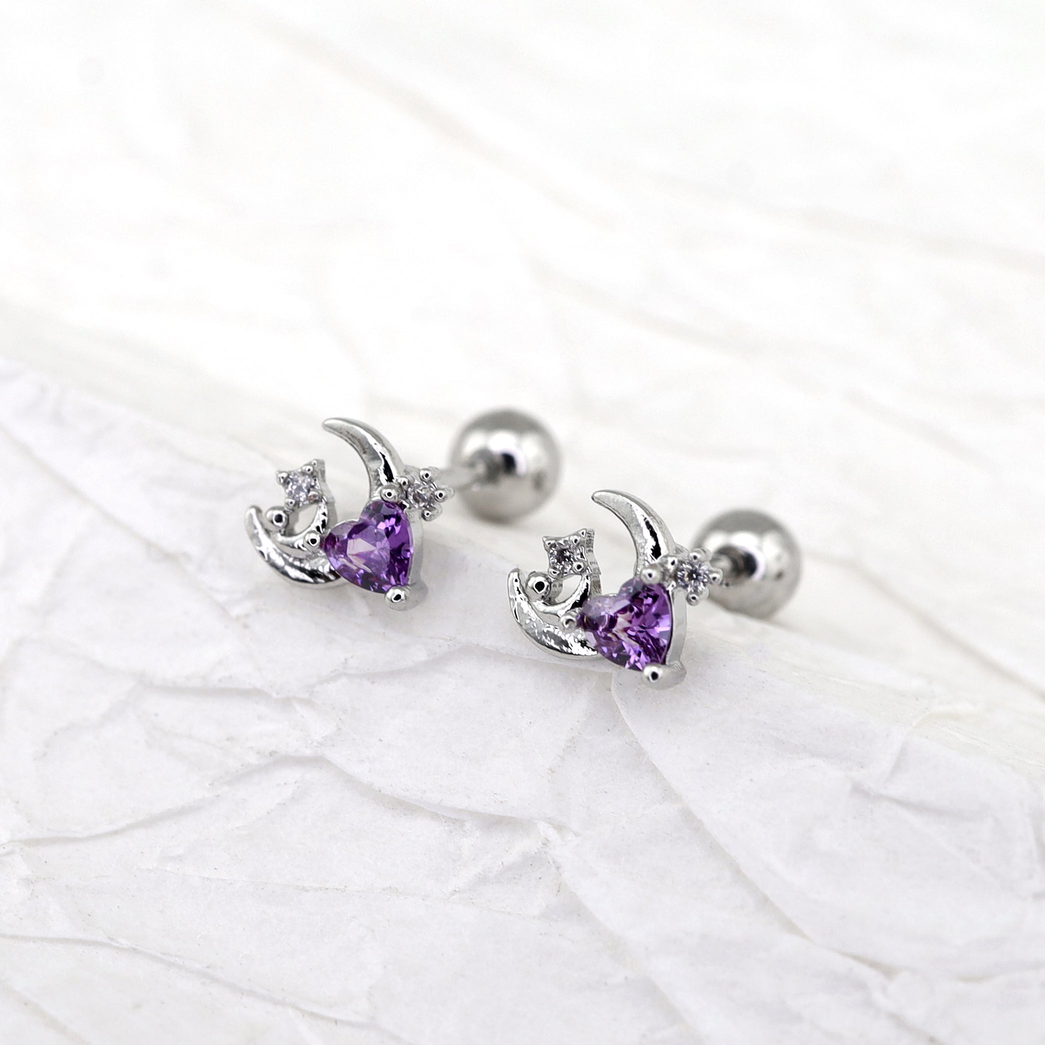 PAIR OF 20G Thin Star Moon Heart CZ Ear Studs - PAIR OF 20G Thin Star Moon Heart CZ Ear Studs - Pink by CRUXJEWELRY