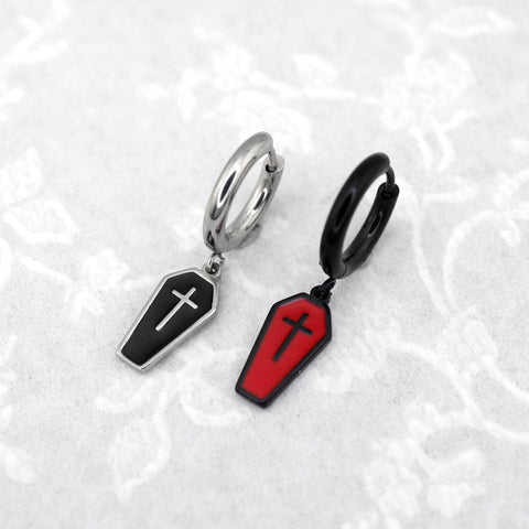 Halloween - Paire de boucles d'oreilles croix cercueil en acier inoxydable 