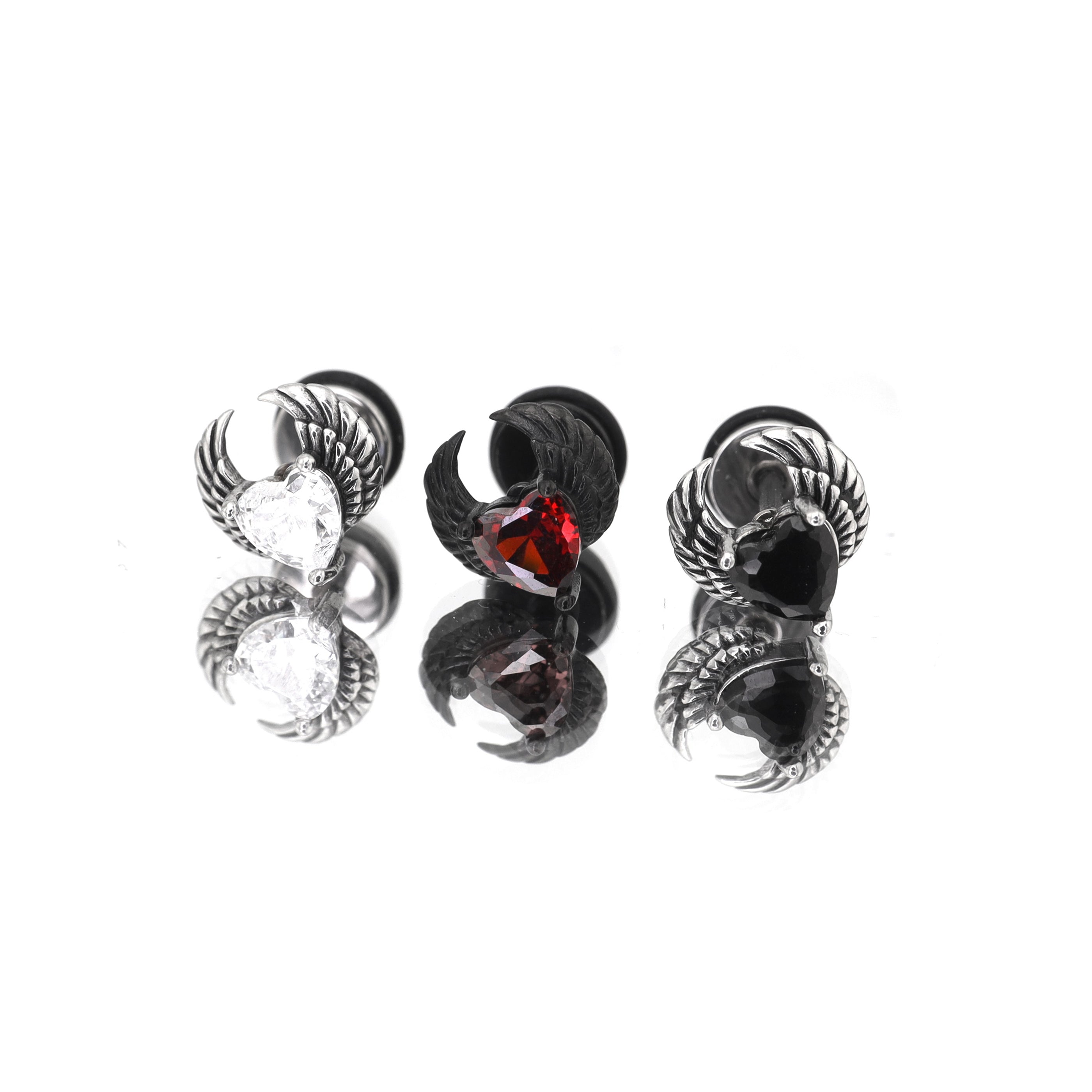 PAIR OF Heart CZ Wing stainless steel Ear Stud - PAIR OF Heart CZ Wing stainless steel Ear Stud - Radiant White by CRUXJEWELRY