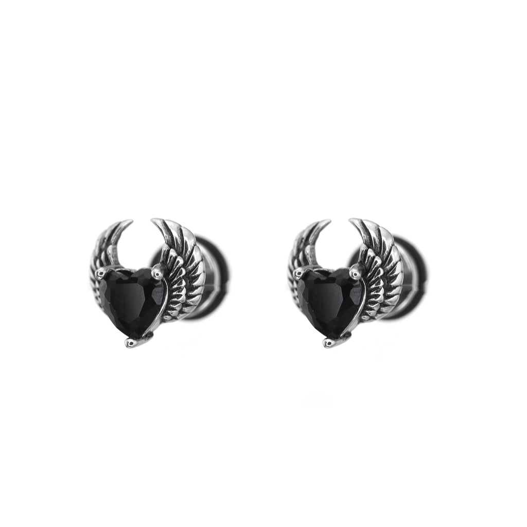 PAIR OF Heart CZ Wing stainless steel Ear Stud - PAIR OF Heart CZ Wing stainless steel Ear Stud - Black by CRUXJEWELRY