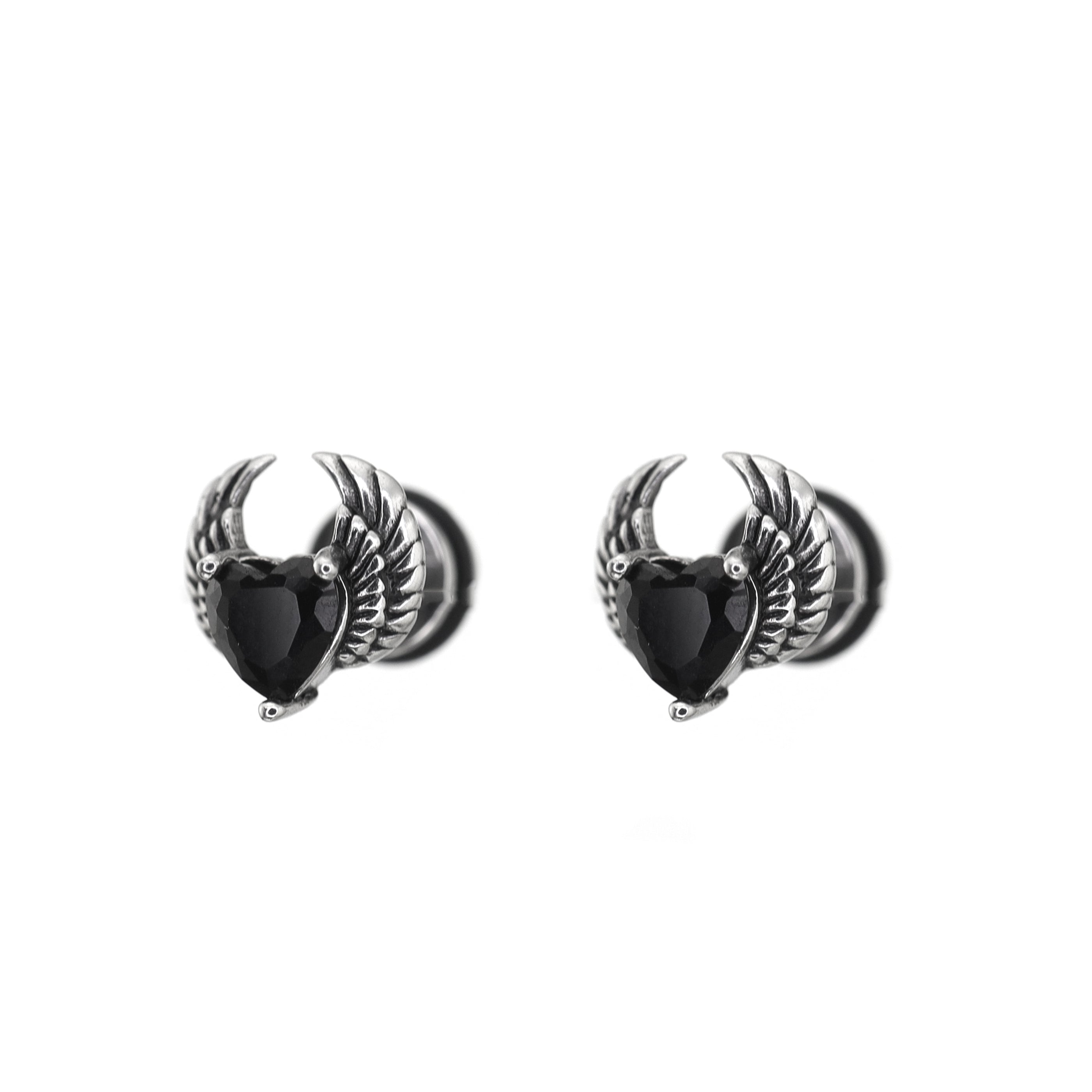 PAIR OF Heart CZ Wing stainless steel Ear Stud - PAIR OF Heart CZ Wing stainless steel Ear Stud - Black by CRUXJEWELRY