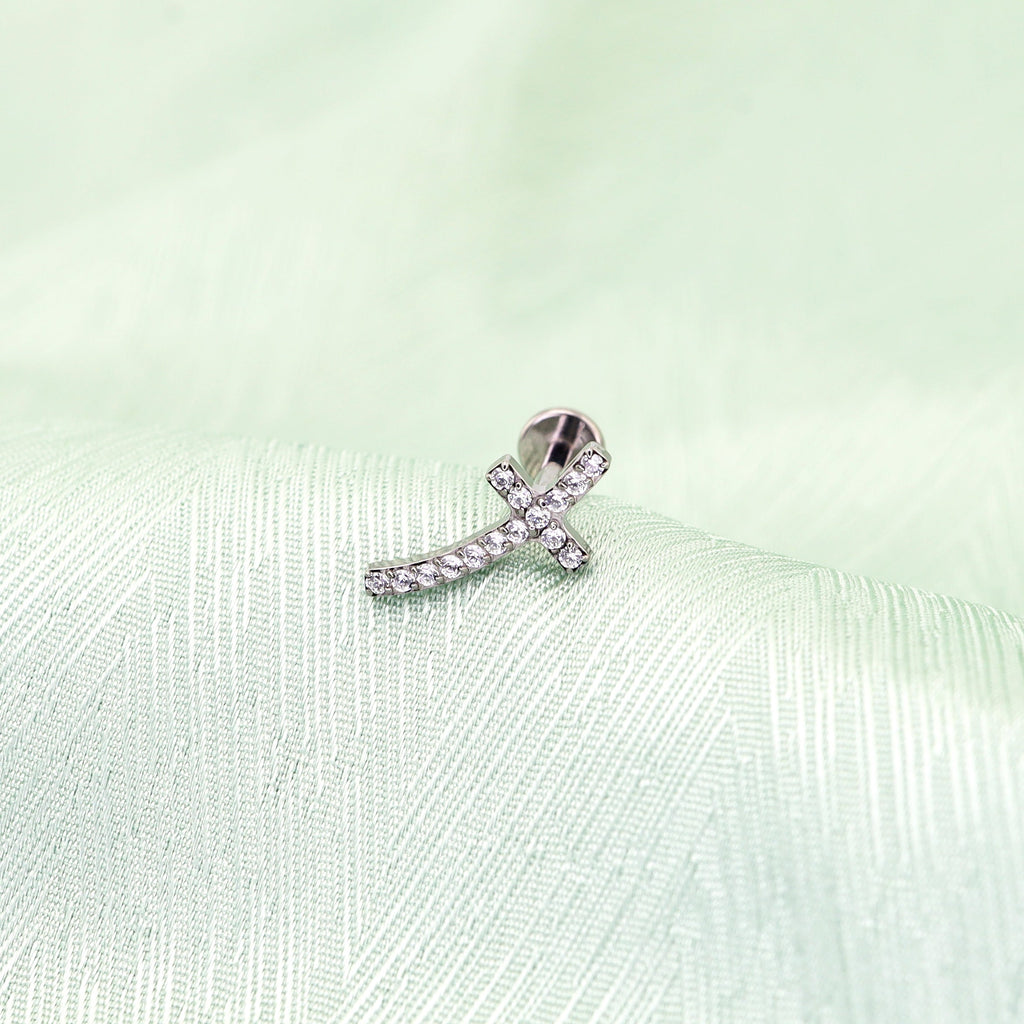 Curved Cross CZ Titanium Ear Stud - Curved Cross CZ Titanium Ear Stud - 6mm by CRUXJEWELRY