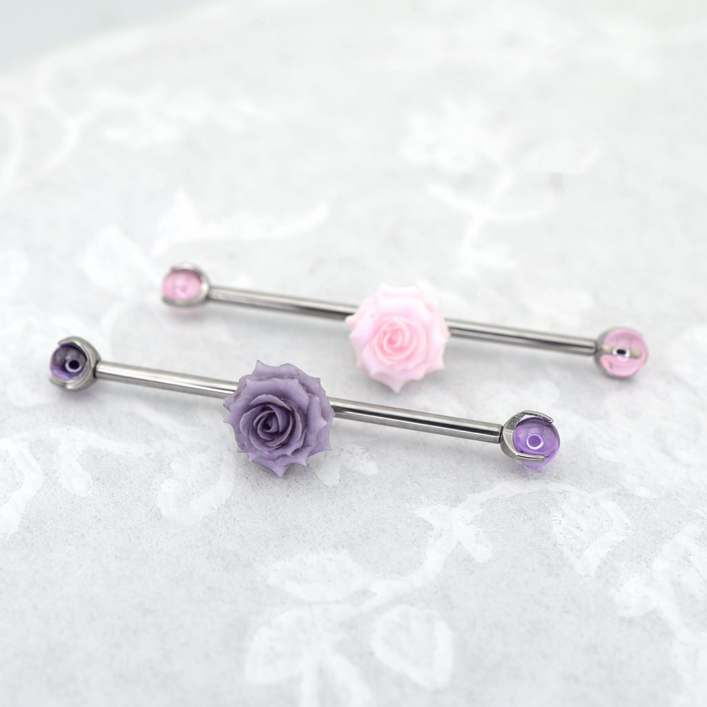 Floral CZ Ball Titanium Industrial Barbell - Floral CZ Ball Titanium Industrial Barbell - Pink / 34mm by CRUXJEWELRY