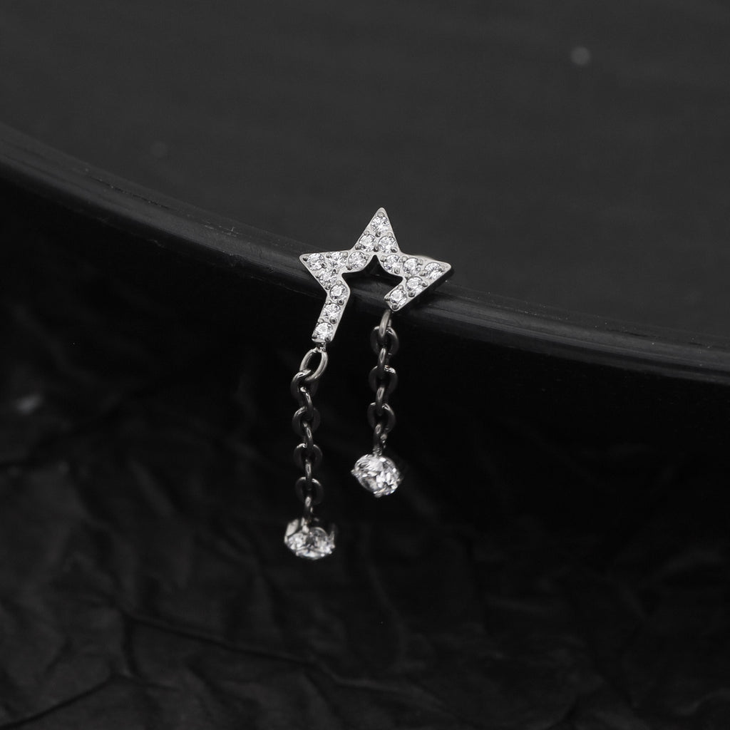Pentagram CZ Internally Threaded Titanium Dangle Ear Stud - Pentagram CZ Internally Threaded Titanium Dangle Ear Stud - 6mm by CRUXJEWELRY