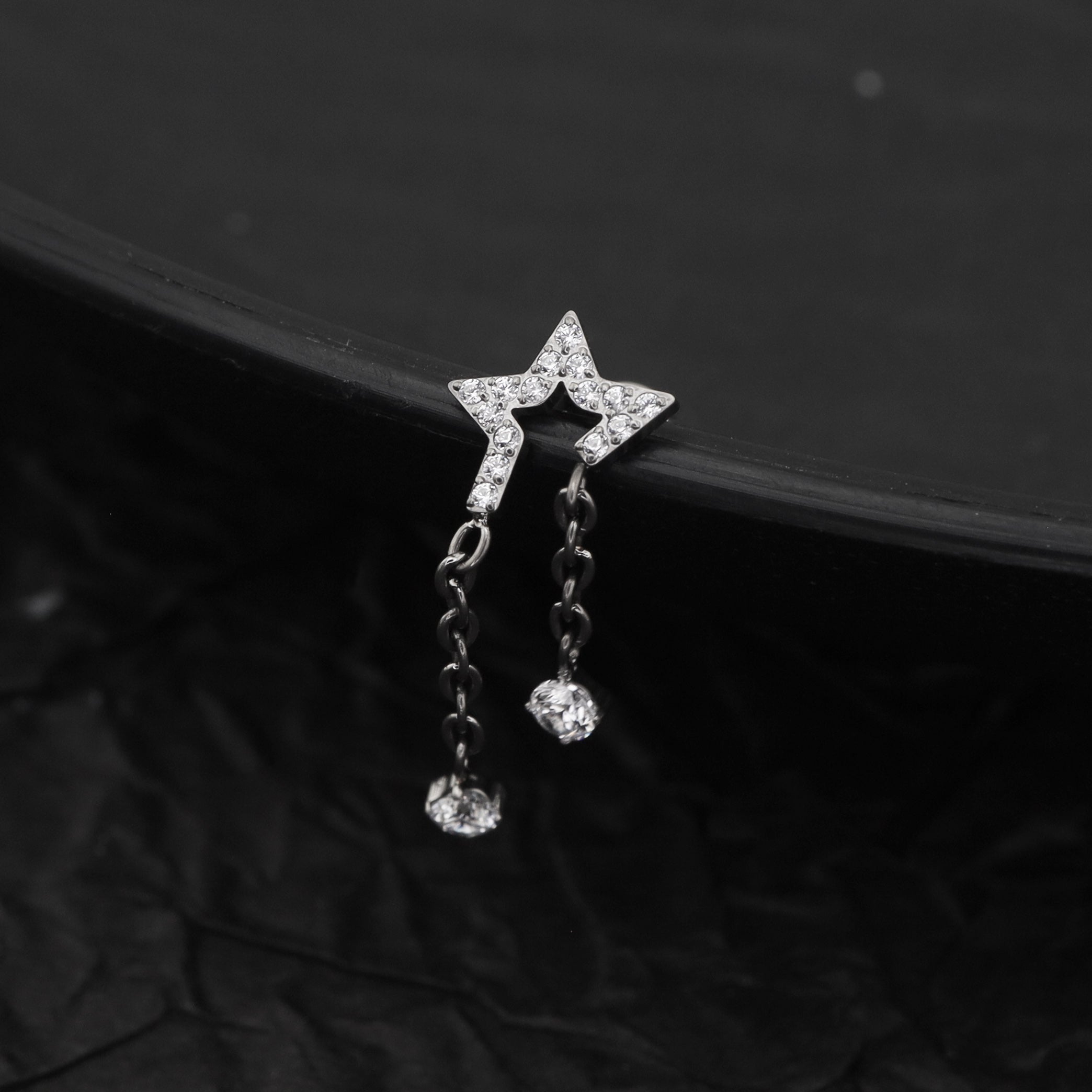 Pentagram CZ Internally Threaded Titanium Dangle Ear Stud - Pentagram CZ Internally Threaded Titanium Dangle Ear Stud - 6mm by CRUXJEWELRY