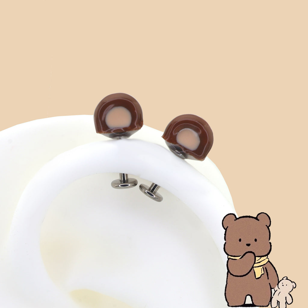 Paws & Purrs - Cute Brown Bear Ear Titanium Ear Stud - Paws & Purrs - Cute Brown Bear Ear Titanium Ear Stud - Single / 6mm by CRUXJEWELRY
