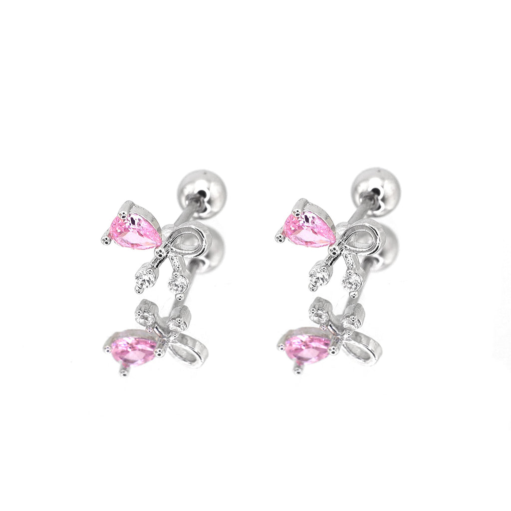 Pink CZ Bow white-gold-plated copper Ear Stud - Pink CZ Bow white-gold-plated copper Ear Stud - Set by CRUXJEWELRY