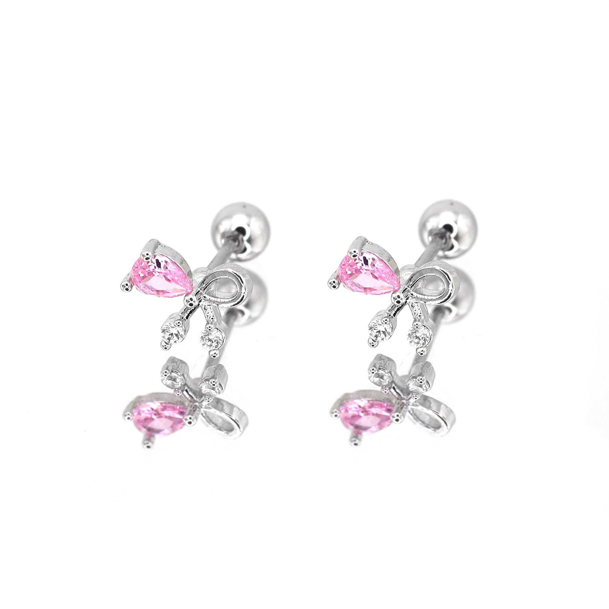 Pink CZ Bow white-gold-plated copper Ear Stud - Pink CZ Bow white-gold-plated copper Ear Stud - Set by CRUXJEWELRY