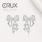 Pair Of Dainty Silver Bow Dangle Stud - Fairycore Cartilage & Helix Earring - Crux Jewelry product image 1