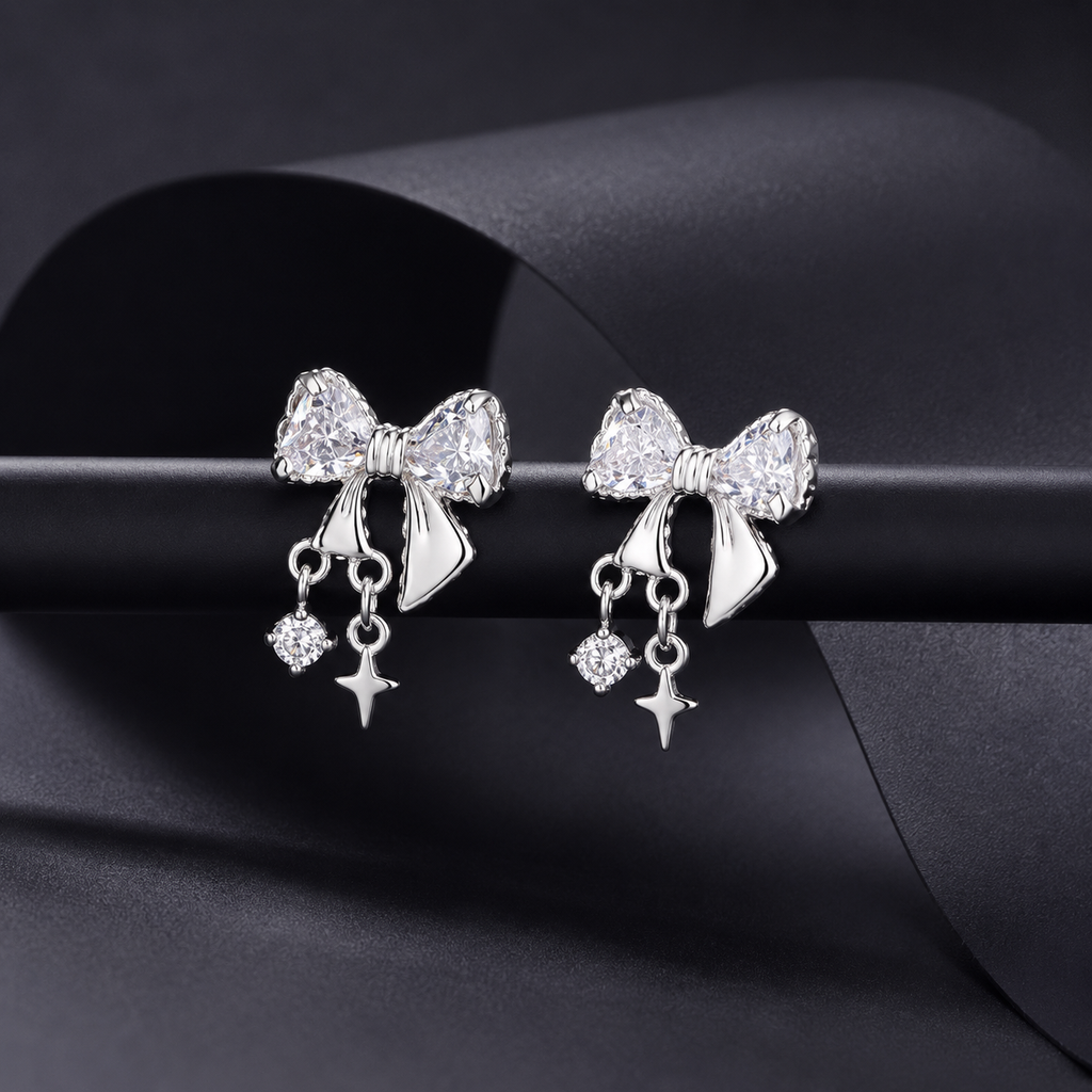 Pair Of Dainty Silver Bow Dangle Stud - Fairycore Cartilage & Helix Earring - Crux Jewelry product image 6