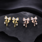 Pair Of Dainty Silver Bow Dangle Stud - Fairycore Cartilage & Helix Earring - Crux Jewelry product image 4