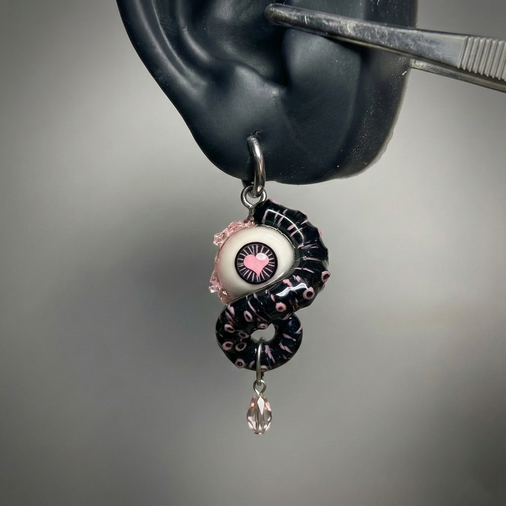 Midnight Heart Cthulhu Eye – Pink & Black Tentacle Earrings