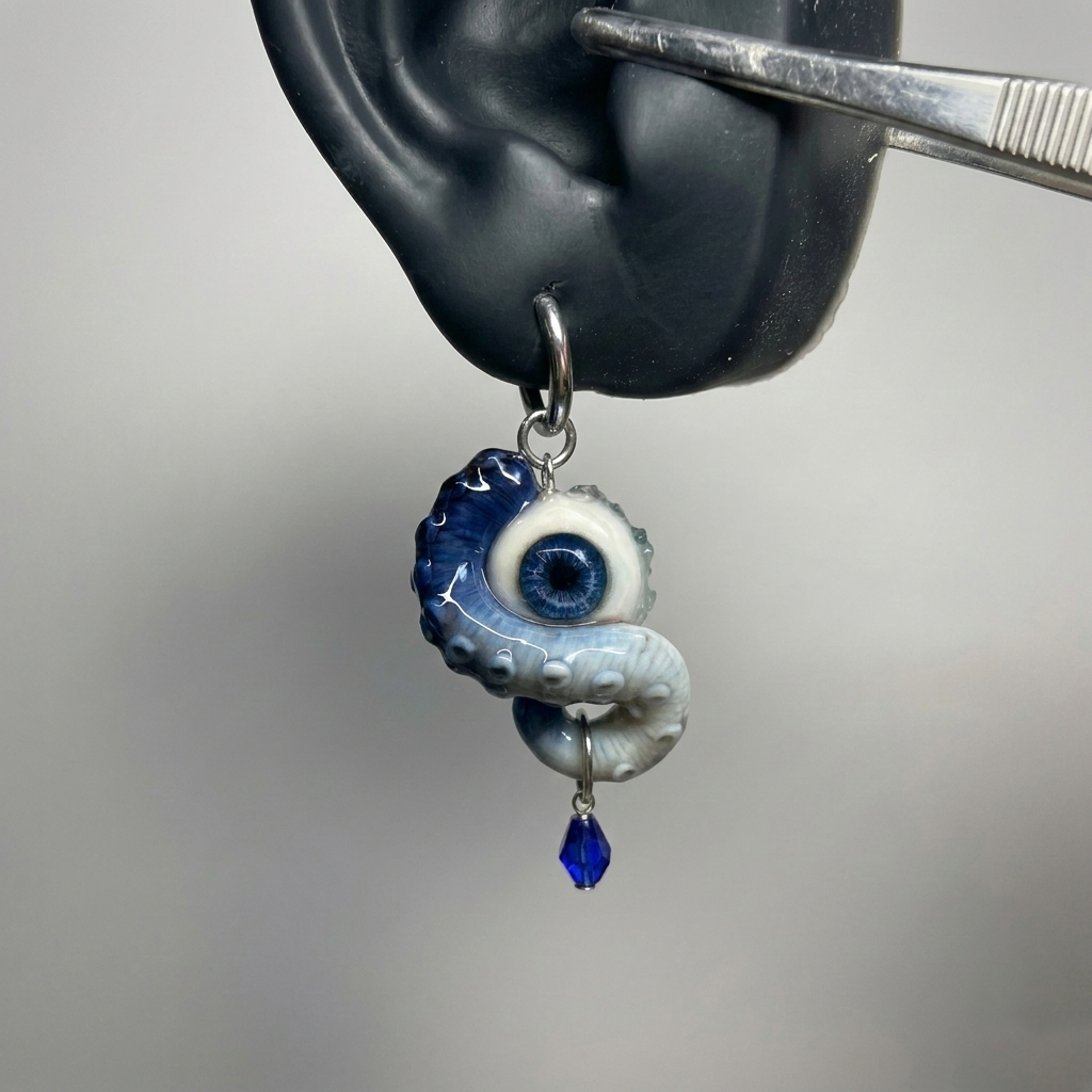 Cthulhu Eye – Pupil Detail Octopus Tentacle Earrings in Sky & Teal Blue