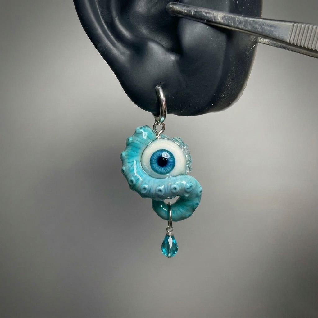 Cthulhu Eye – Pupil Detail Octopus Tentacle Earrings in Sky & Teal Blue