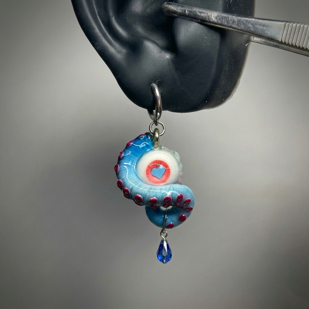 Midnight Heart Cthulhu Eye – Pink & Black Tentacle Earrings