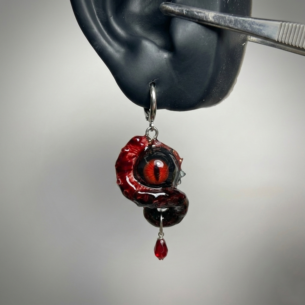 Cthulhu Eye – Vertical Pupil Octopus Tentacle Earrings in Deep Red