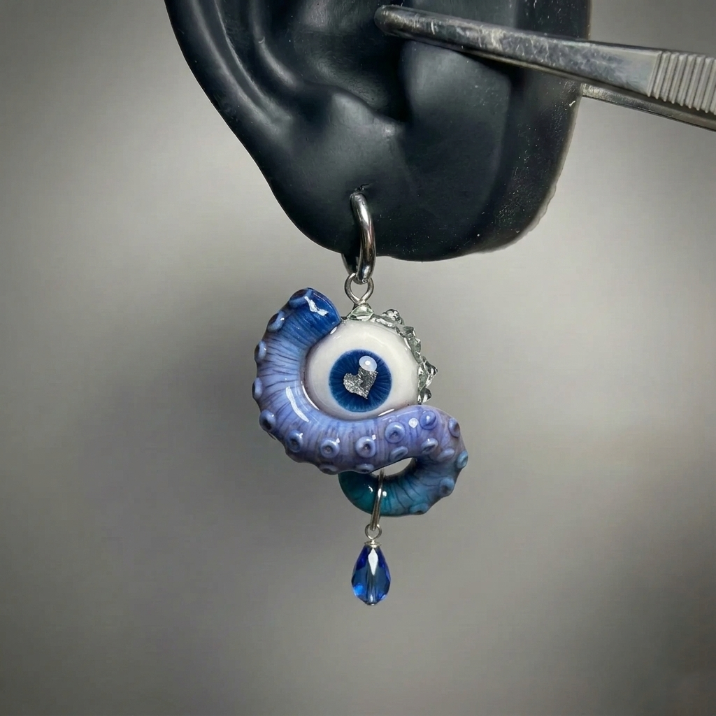 Cthulhu Eye – Heart Detail Octopus Tentacle Earrings in Blue & Pink