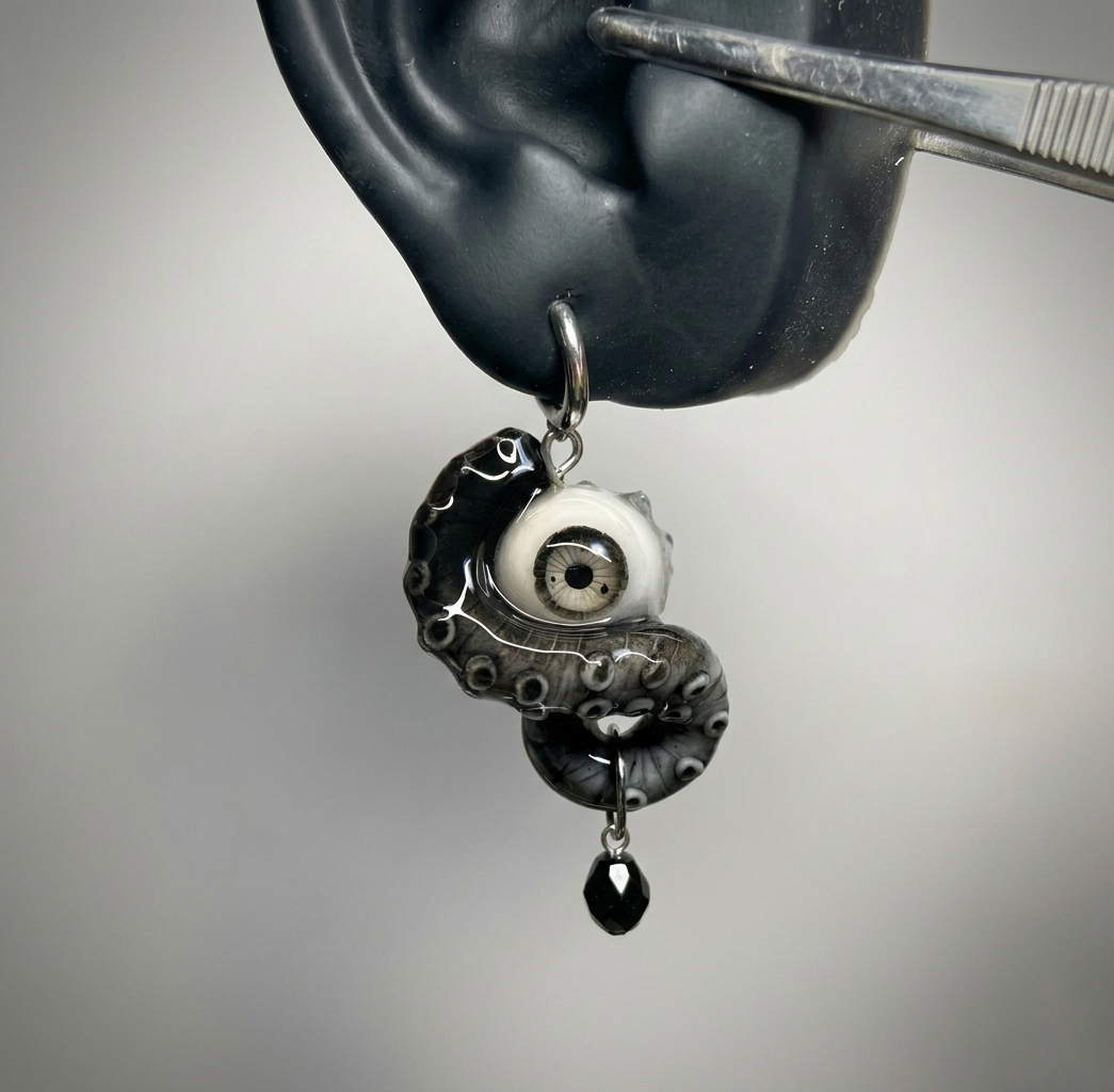 Cthulhu Eye – Monochrome Black & Gray Tentacle Earrings with Realistic Eyeball