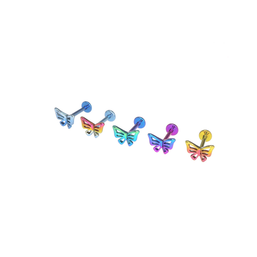 3D Openwork Butterfly Internally Threaded Titanium Labret Stud - 3D Openwork Butterfly Internally Threaded Titanium Labret Stud - Pink-Yellow Gradient by CRUXJEWELRY