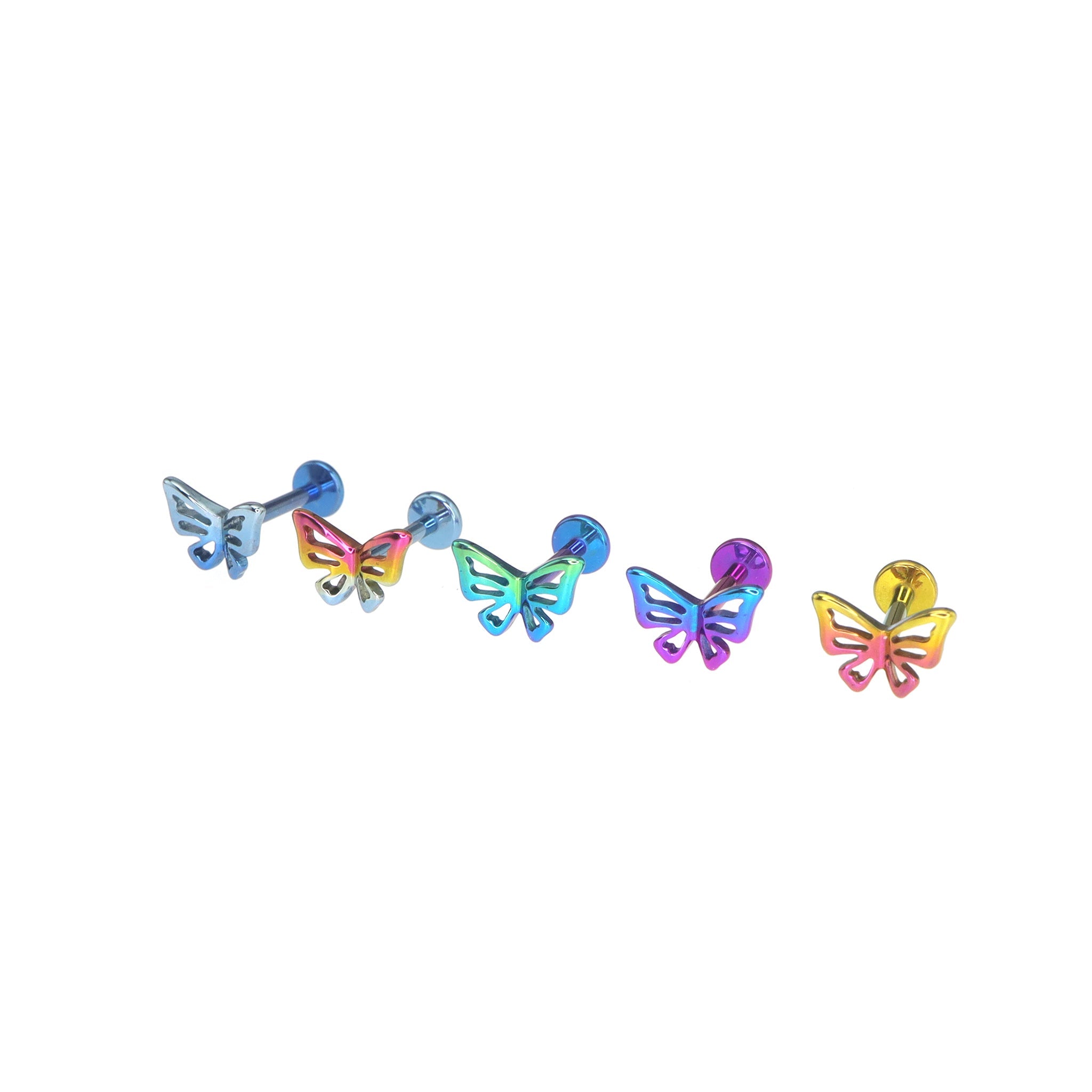 3D Openwork Butterfly Internally Threaded Titanium Labret Stud - 3D Openwork Butterfly Internally Threaded Titanium Labret Stud - Pink-Yellow Gradient by CRUXJEWELRY