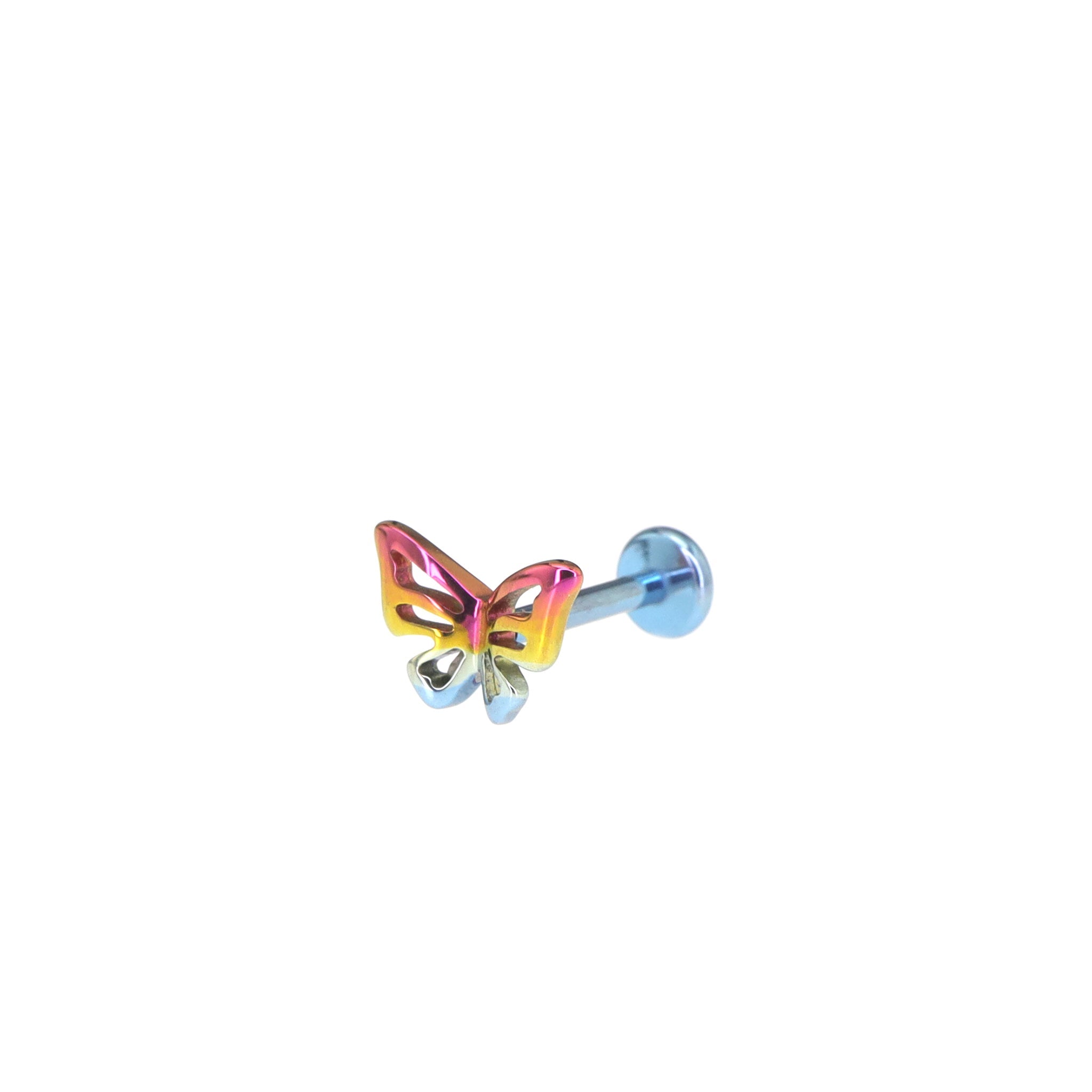 3D Openwork Butterfly Internally Threaded Titanium Labret Stud - 3D Openwork Butterfly Internally Threaded Titanium Labret Stud - Pink-Yellow Gradient by CRUXJEWELRY