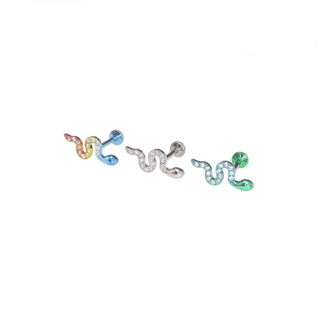 Curved Snake CZ Internally Threaded Titanium Ear Studs - Curved Snake CZ Internally Threaded Titanium Ear Studs - Sliver / 6mm by CRUXJEWELRY