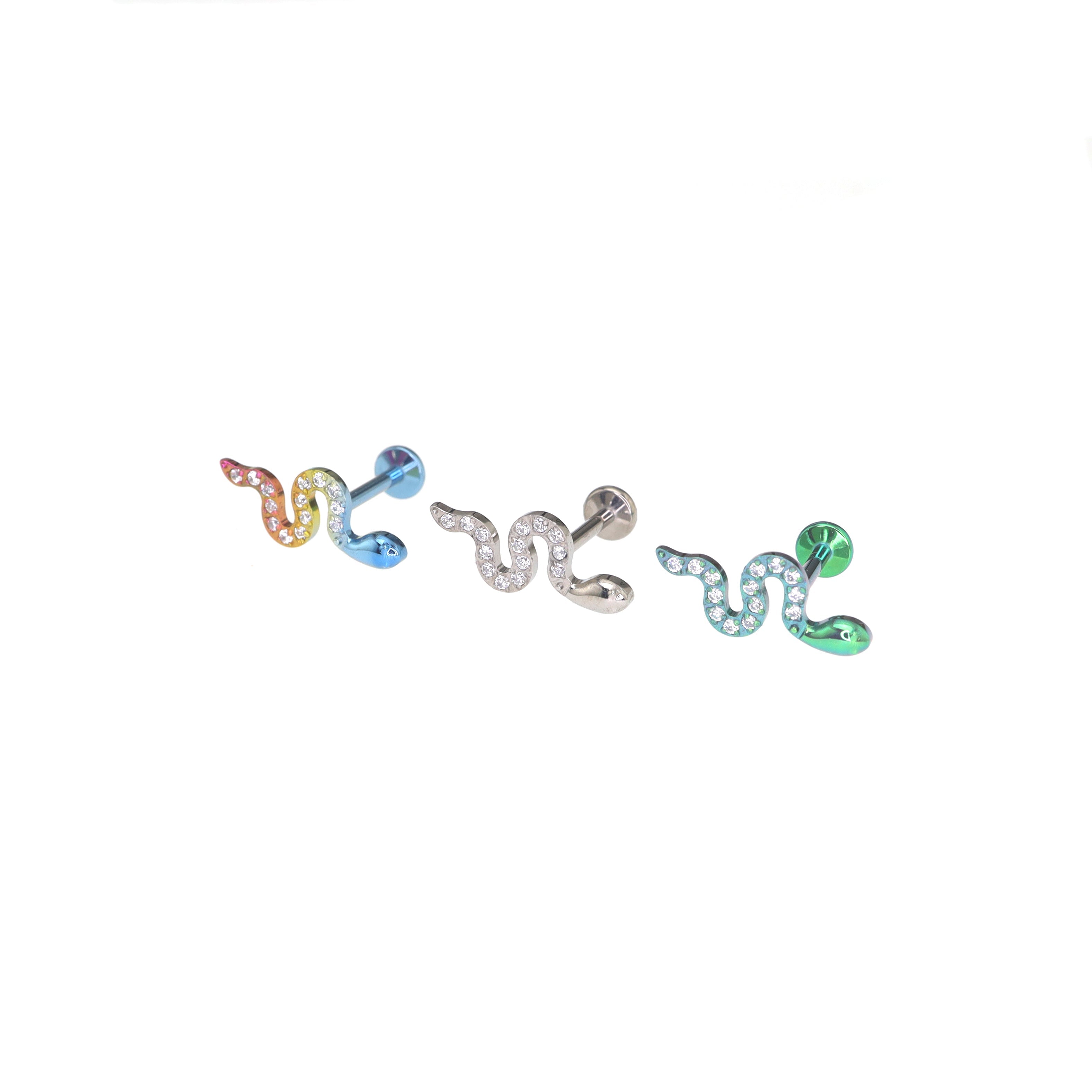 Curved Snake CZ Internally Threaded Titanium Ear Studs - Curved Snake CZ Internally Threaded Titanium Ear Studs - Sliver / 6mm by CRUXJEWELRY