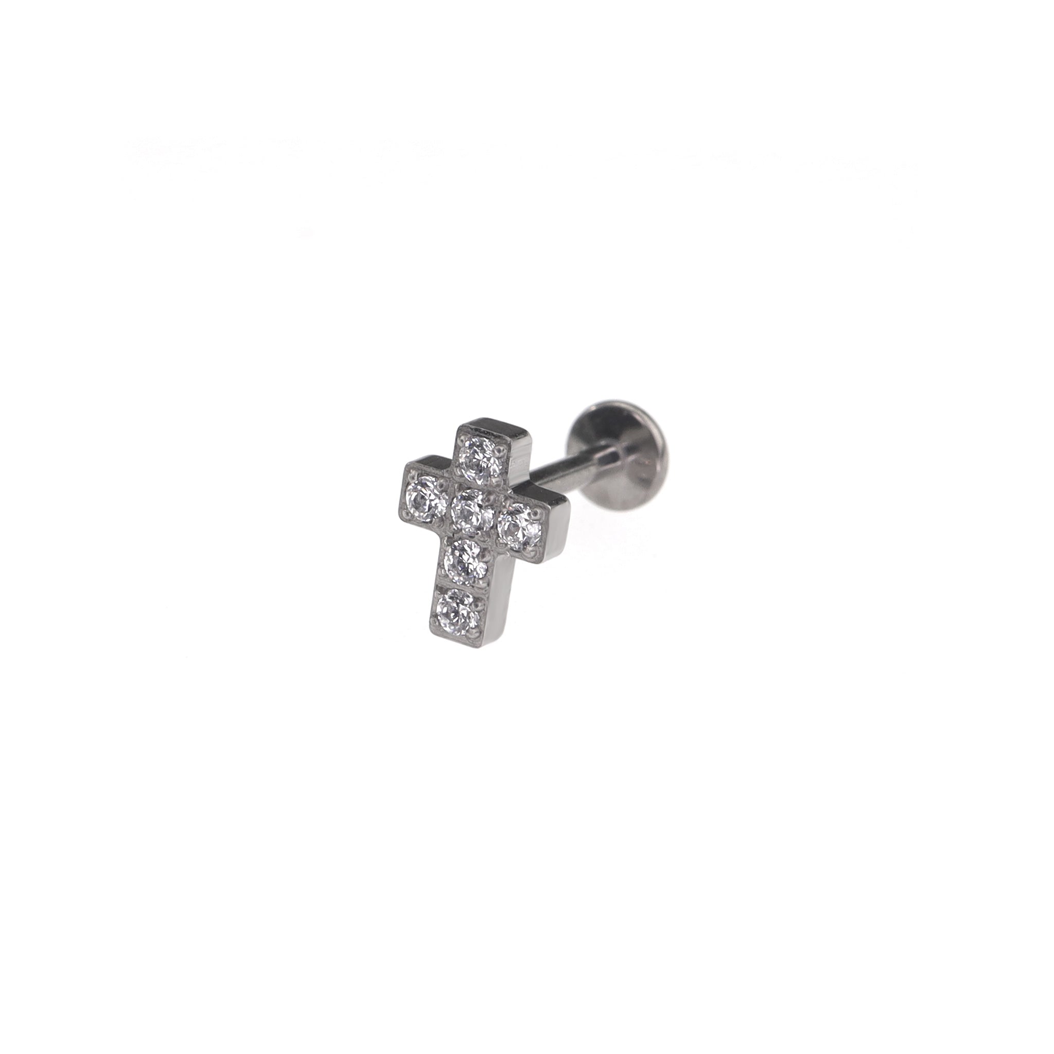 CZ Cross Internally Threaded Titanium Labret Stud - CZ Cross Internally Threaded Titanium Labret Stud - Sliver / 5mm by CRUXJEWELRY