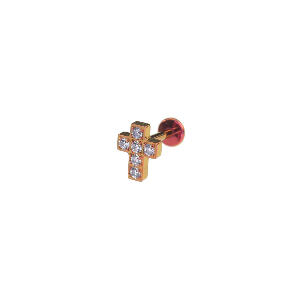 CZ Cross Internally Threaded Titanium Labret Stud - CZ Cross Internally Threaded Titanium Labret Stud - Pink / 5mm by CRUXJEWELRY