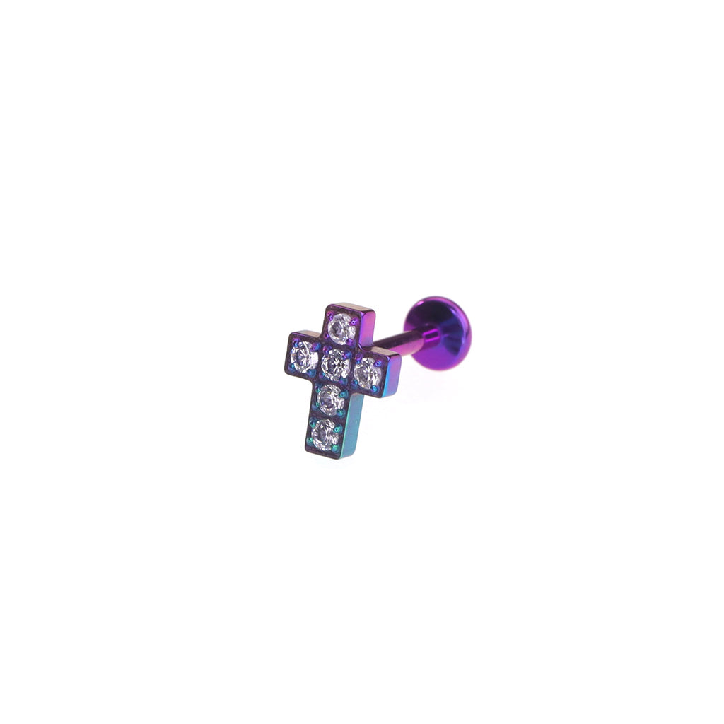 CZ Cross Internally Threaded Titanium Labret Stud - CZ Cross Internally Threaded Titanium Labret Stud - Violet Purple / 5mm by CRUXJEWELRY