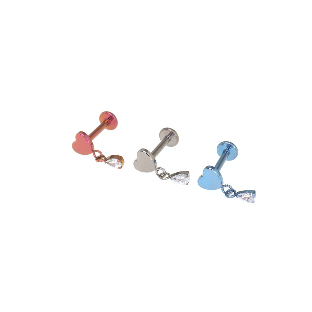 Heart Pendant Teardrop CZ Titanium Ear Studs - Heart Pendant Teardrop CZ Titanium Ear Studs - Sliver / 6mm by CRUXJEWELRY