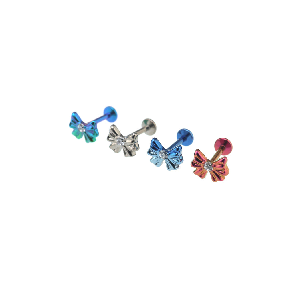 3D Engraved CZ Bow Titanium Ear Studs - 3D Engraved CZ Bow Titanium Ear Studs - Sky Blue / 6mm by CRUXJEWELRY