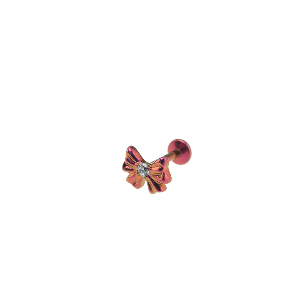 3D Engraved CZ Bow Titanium Ear Studs - 3D Engraved CZ Bow Titanium Ear Studs - Rose Red / 6mm by CRUXJEWELRY