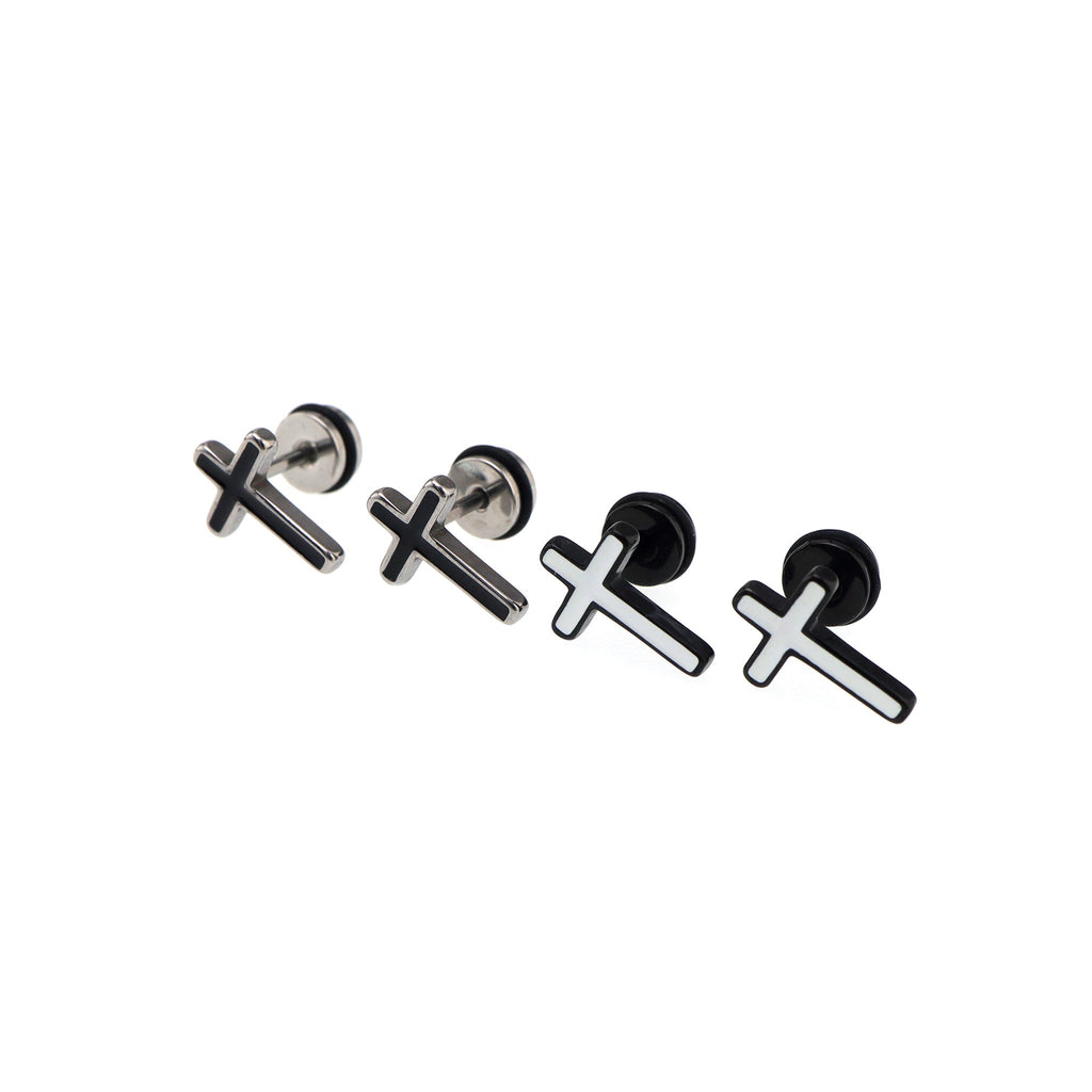 Black & White Oil Slick Cross Externally Threaded Stainless Steel Ear Studs - Black & White Oil Slick Cross Externally Threaded Stainless Steel Ear Studs - White by CRUXJEWELRY