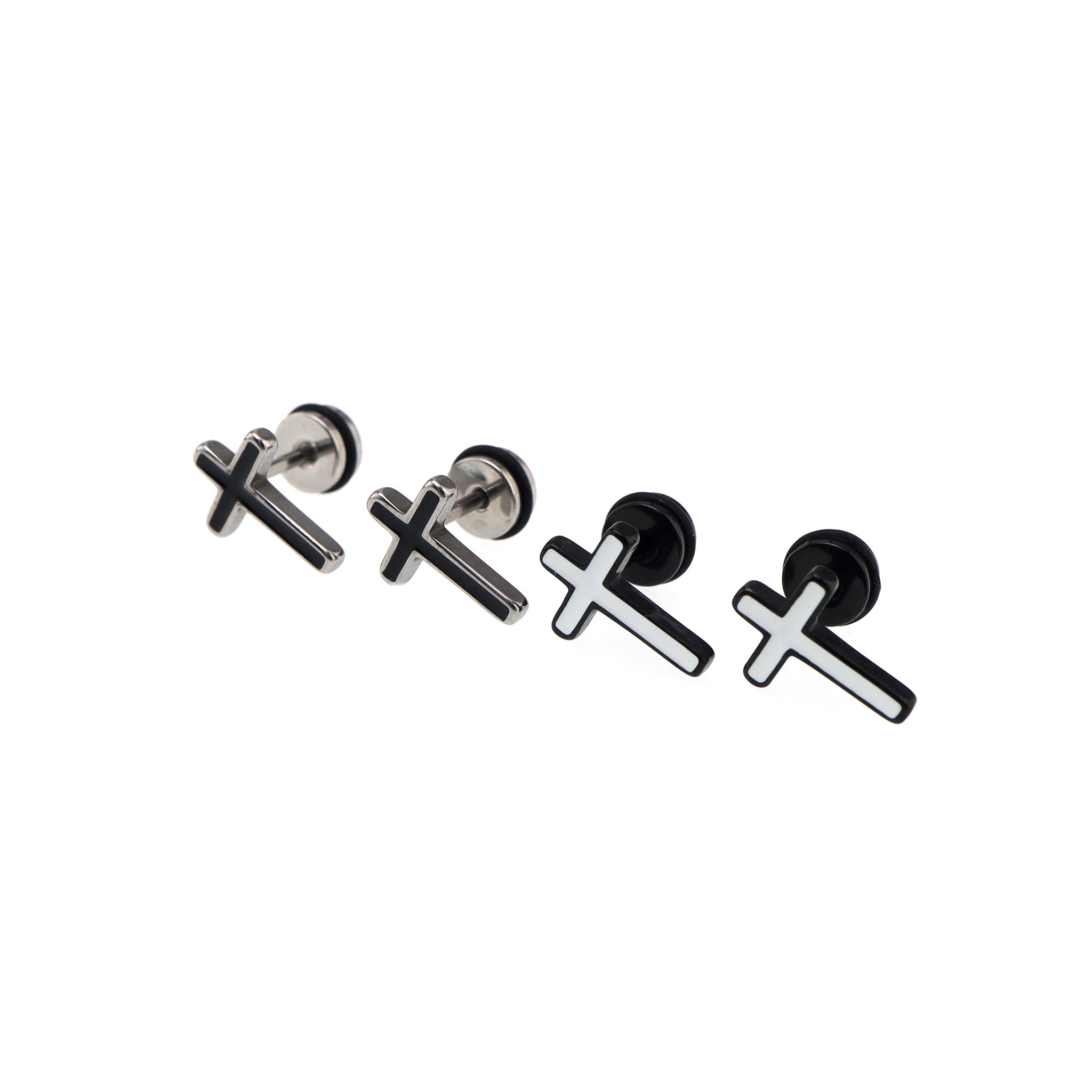 Black & White Oil Slick Cross Externally Threaded Stainless Steel Ear Studs - Black & White Oil Slick Cross Externally Threaded Stainless Steel Ear Studs - White by CRUXJEWELRY