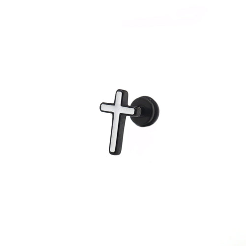 Black & White Oil Slick Cross Externally Threaded Stainless Steel Ear Studs - product overview