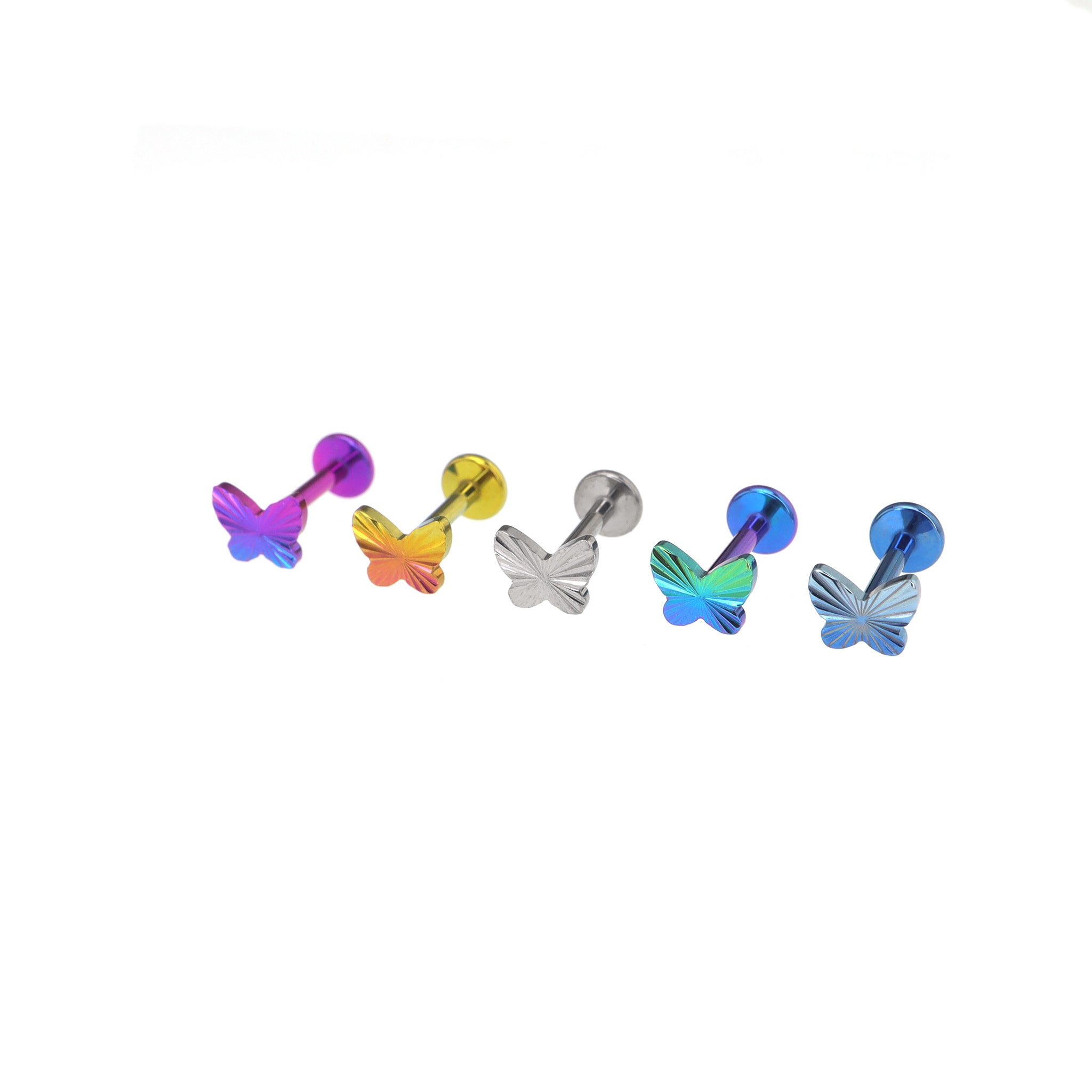 Engraved Vivid Linework Butterfly Titanium Ear Studs - Engraved Vivid Linework Butterfly Titanium Ear Studs - Pink-Yellow Gradient / 6mm by CRUXJEWELRY
