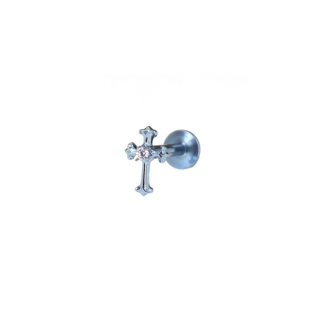 Mini Crystal Cross Titanium Ear Studs - Mini Crystal Cross Titanium Ear Studs - Blue / 6mm by CRUXJEWELRY