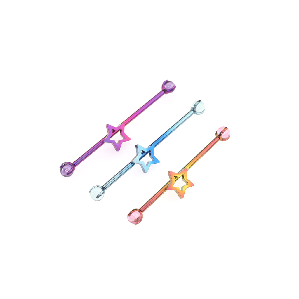 Openwork Pentagram CZ Titanium Industrial Barbell - Pink-Yellow Gradient