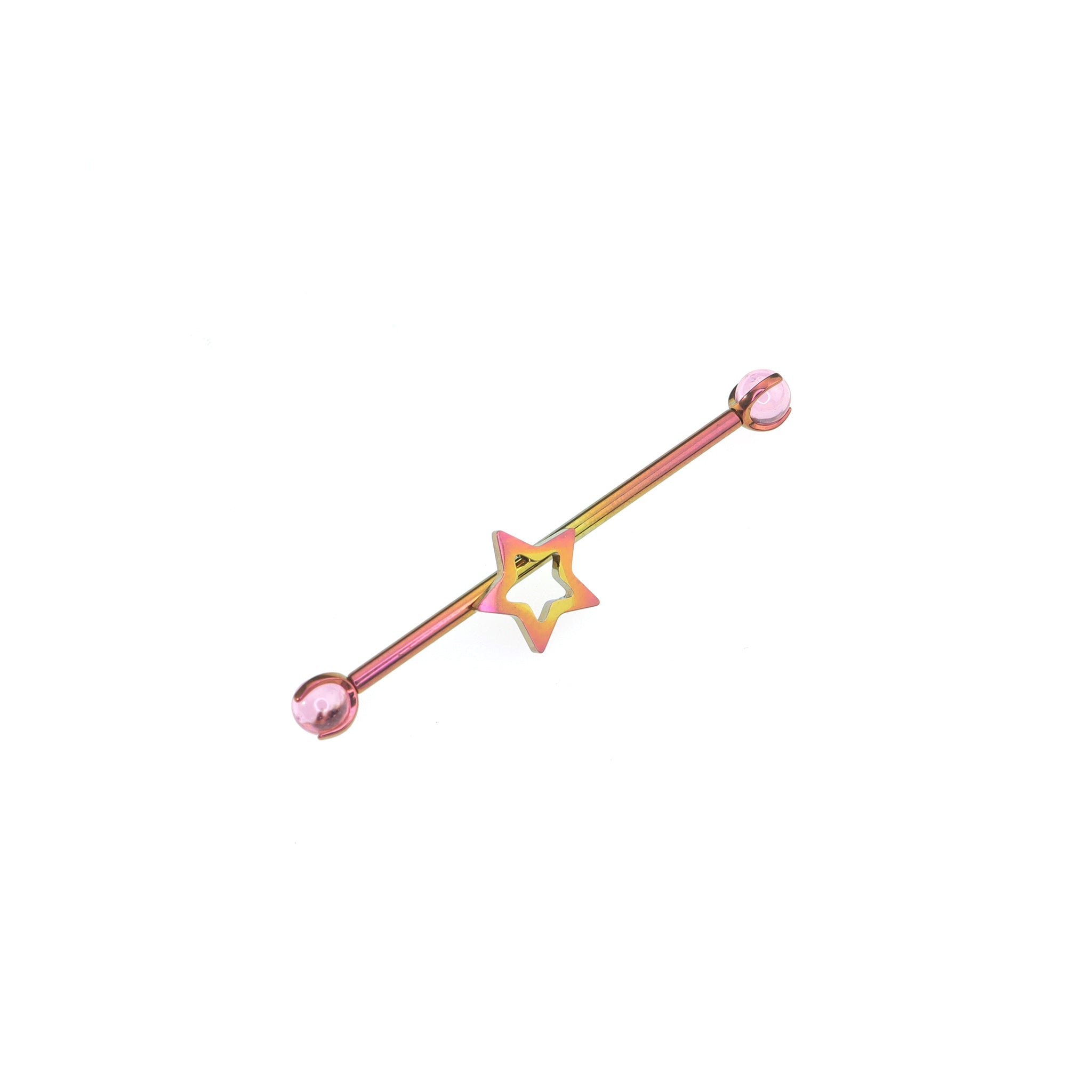 Openwork Pentagram CZ Titanium Industrial Barbell - Openwork Pentagram CZ Titanium Industrial Barbell - Pink-Yellow Gradient / 34mm by CRUXJEWELRY