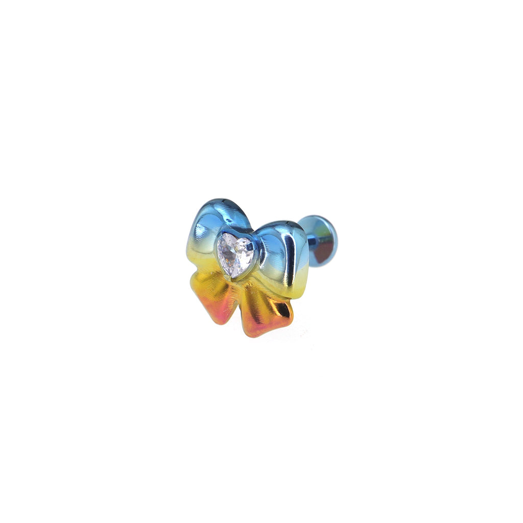 Cute Heart CZ Bow Titanium Ear Studs - Cute Heart CZ Bow Titanium Ear Studs - White / Single / 7mm by CRUXJEWELRY