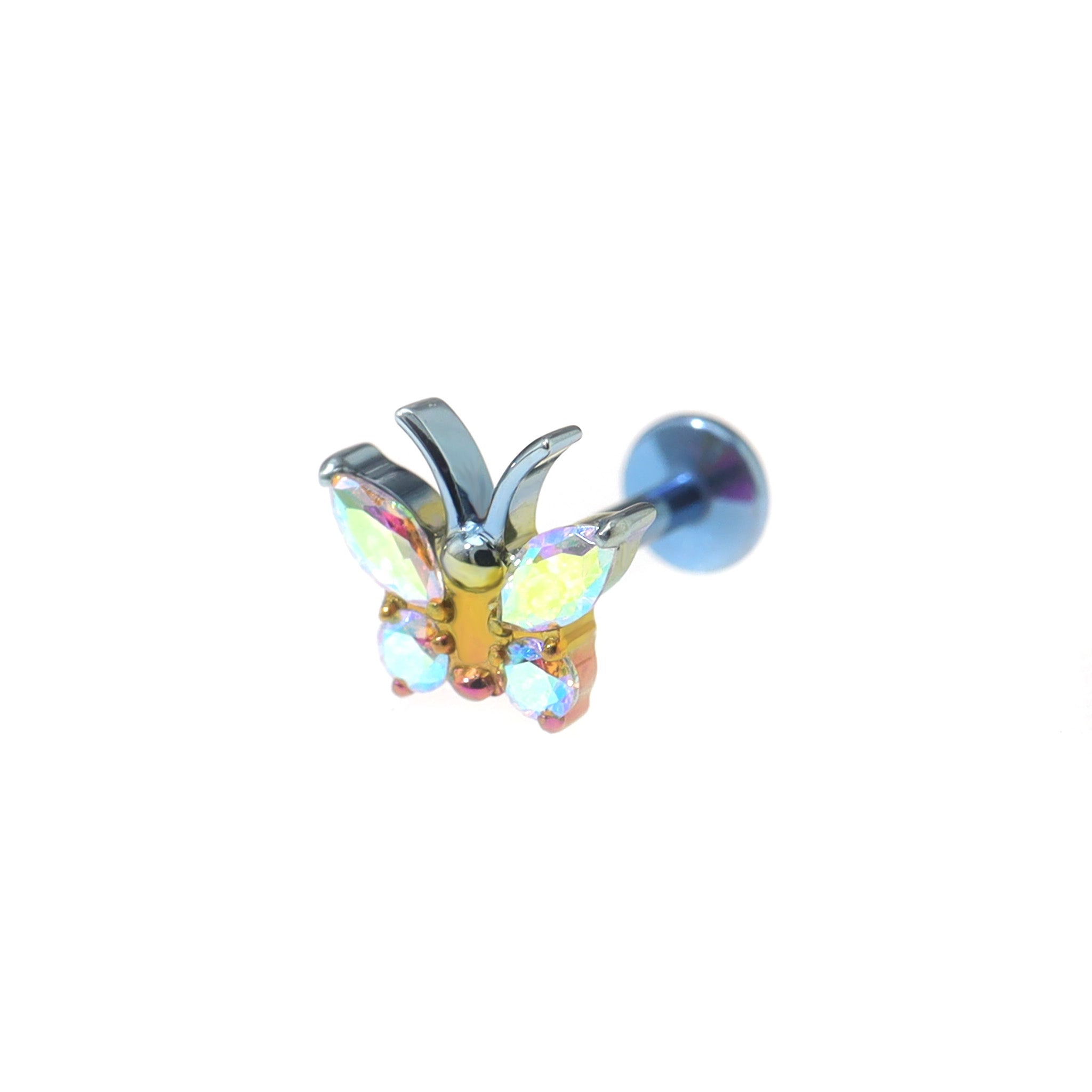 Rainbow CZ Butterfly Internally Threaded Titanium Ear Studs - Rainbow CZ Butterfly Internally Threaded Titanium Ear Studs - AB Coating / 5mm by CRUXJEWELRY