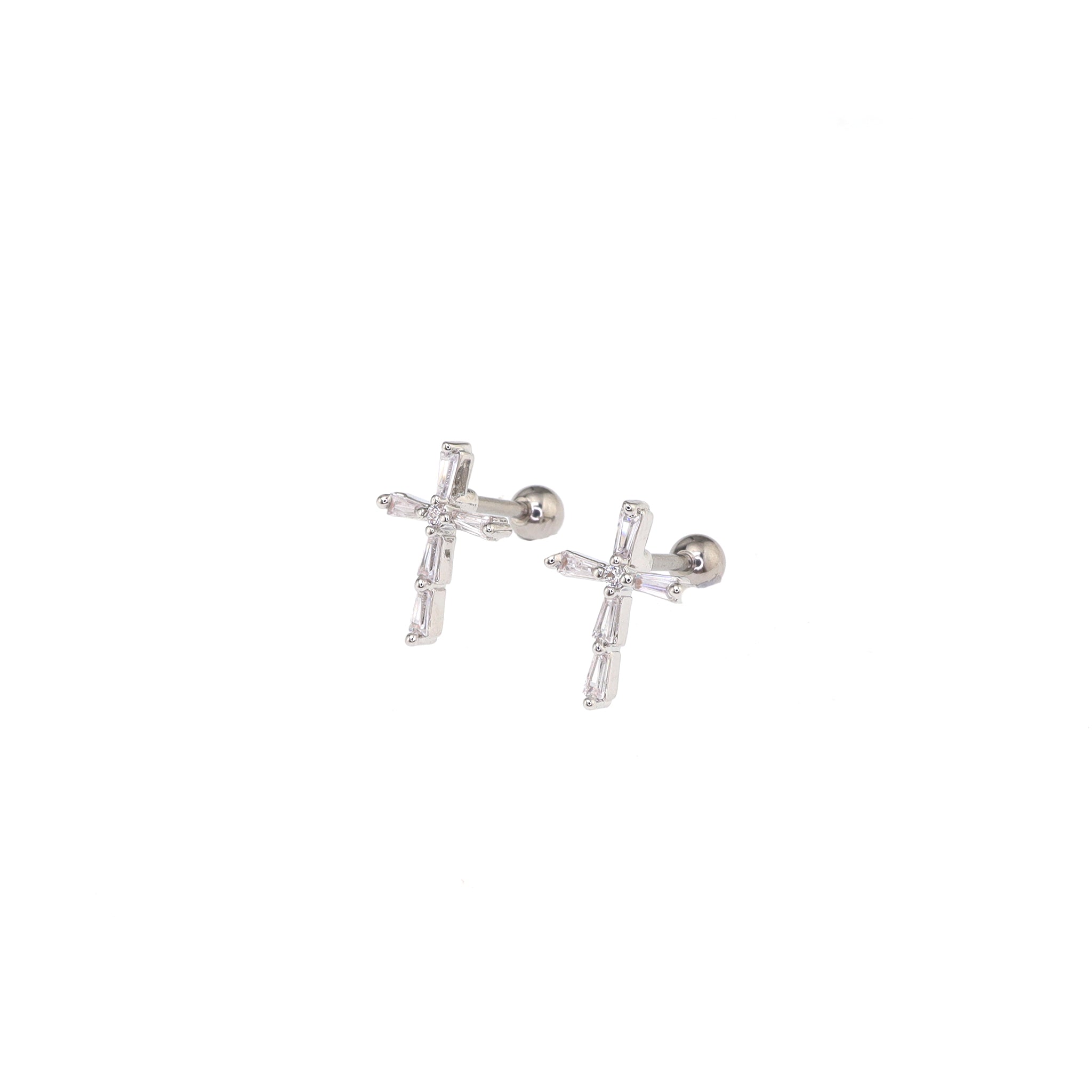 Golden Cross CZ Stainless Steel Ear Studs - Golden Cross CZ Stainless Steel Ear Studs - Sliver / Set by CRUXJEWELRY