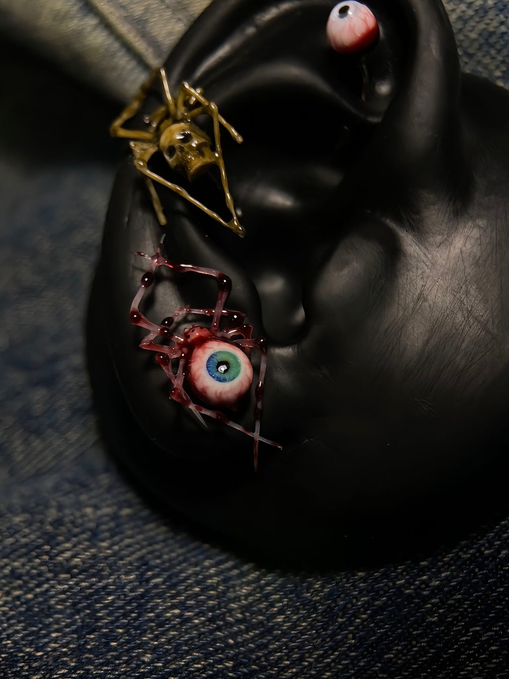 Dark Fantasy Spider Stud Earrings | Bloody Eyeball & Bone Skull