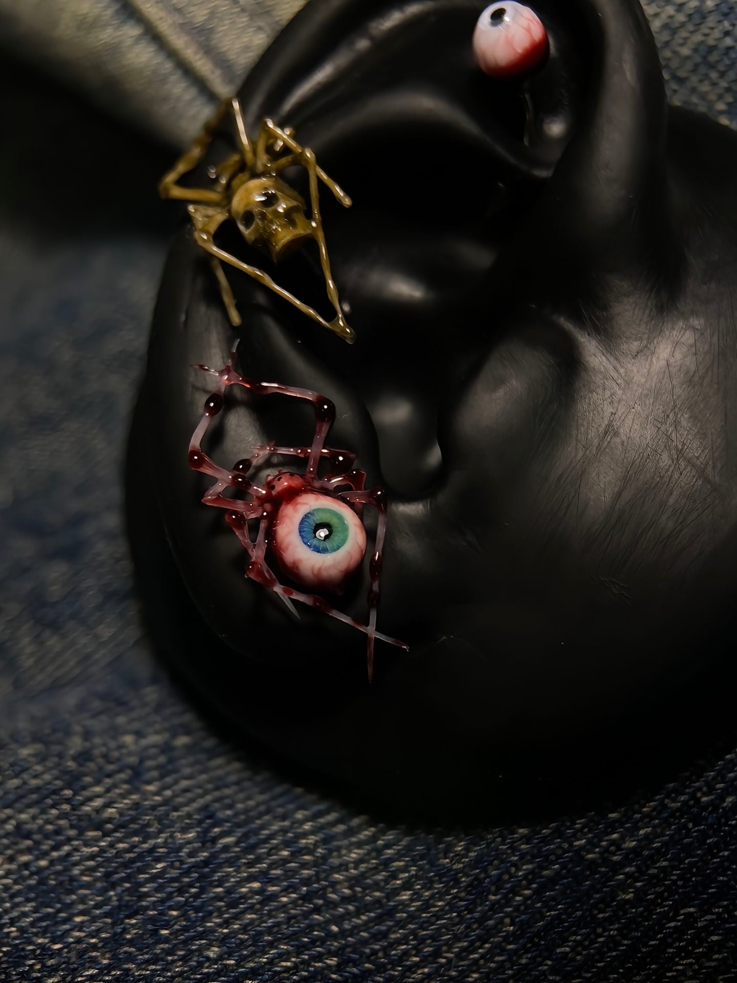 Dark Fantasy Spider Stud Earrings | Bloody Eyeball & Bone Skull