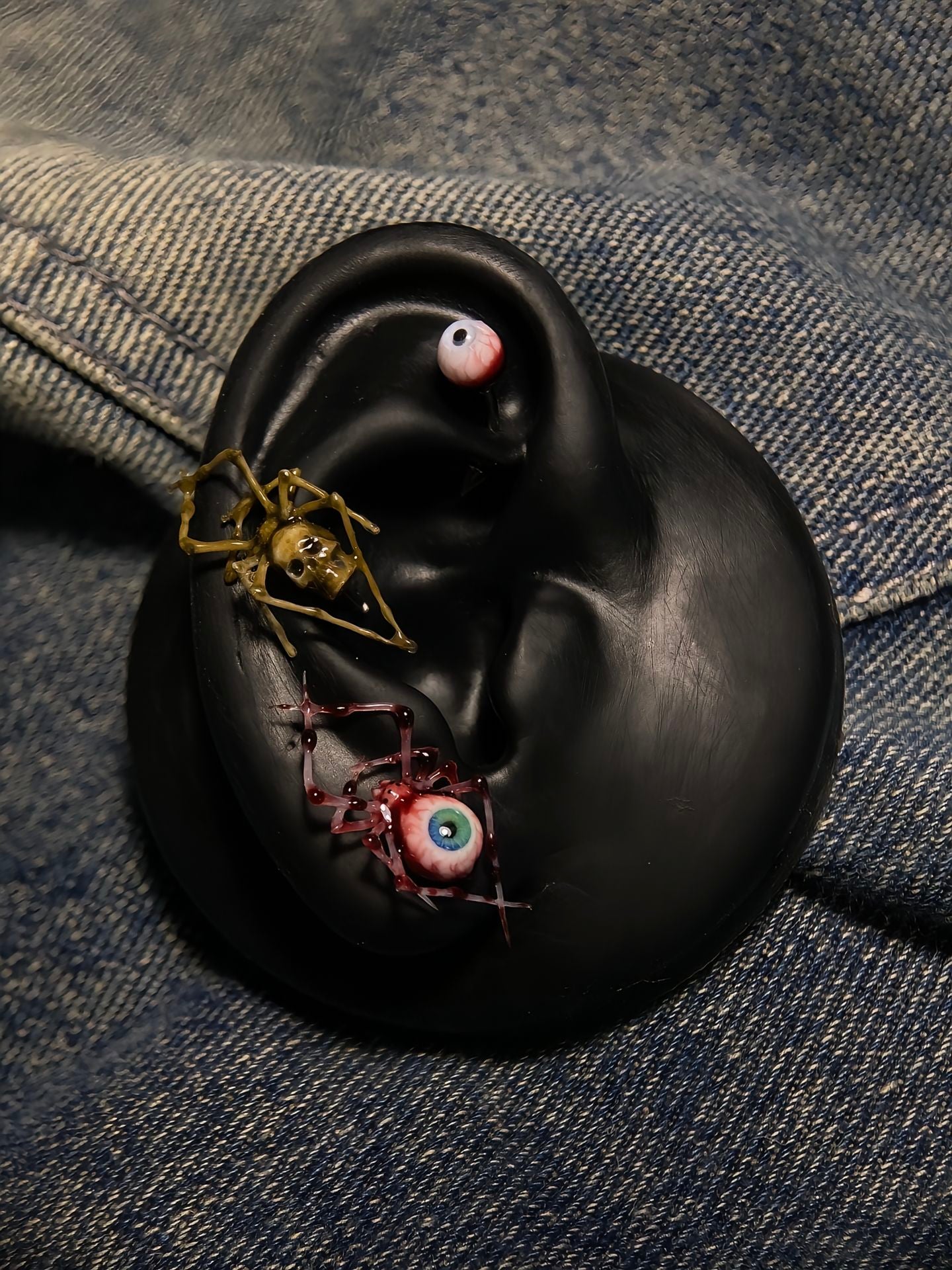 Dark Fantasy Spider Stud Earrings | Bloody Eyeball & Bone Skull