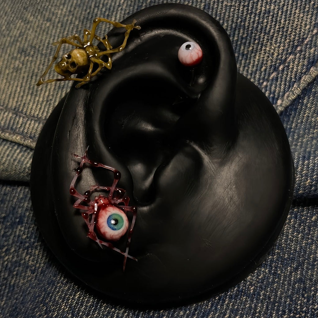 Dark Fantasy Spider Stud Earrings | Bloody Eyeball & Bone Skull