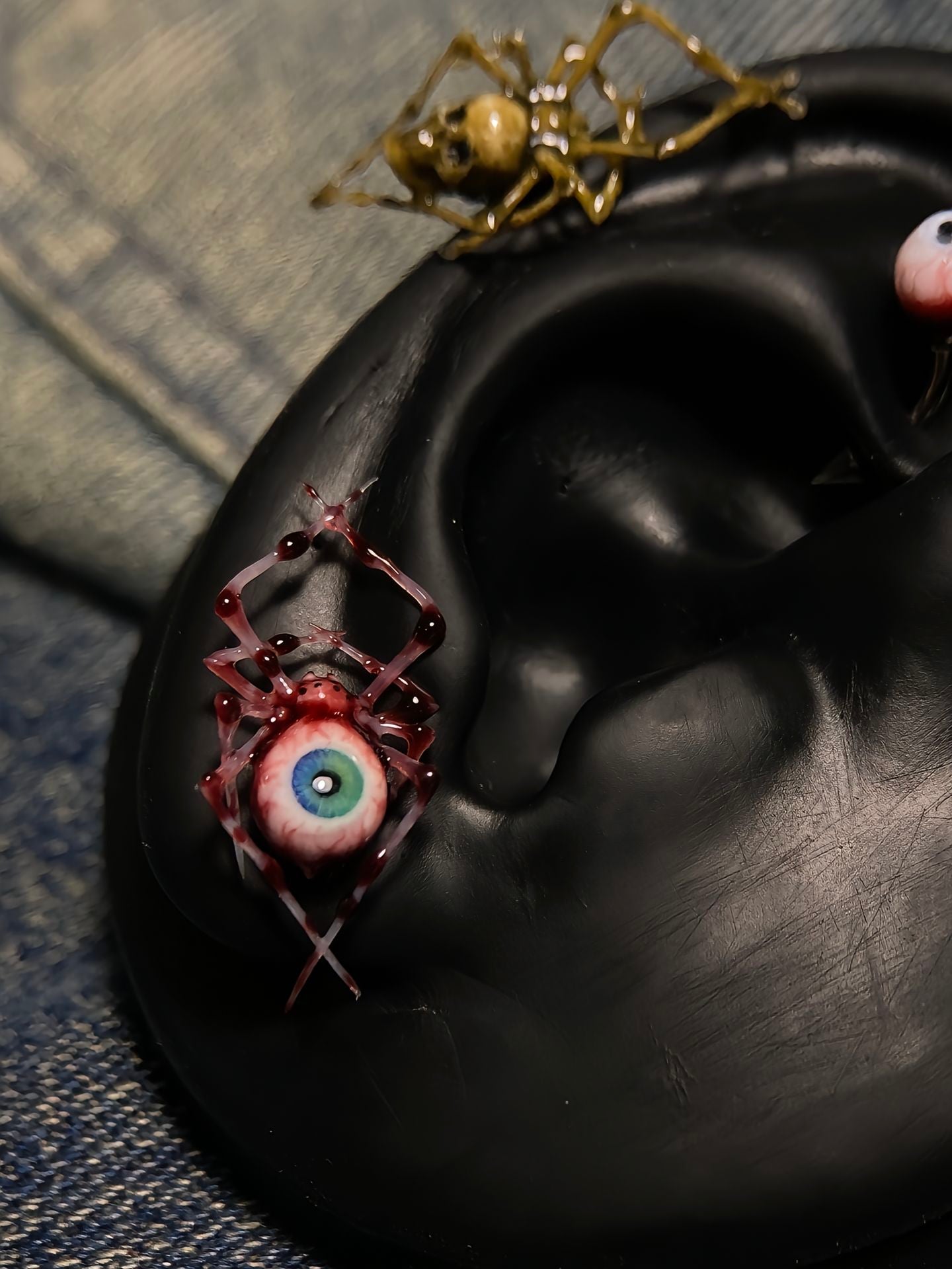 Dark Fantasy Spider Stud Earrings | Bloody Eyeball & Bone Skull