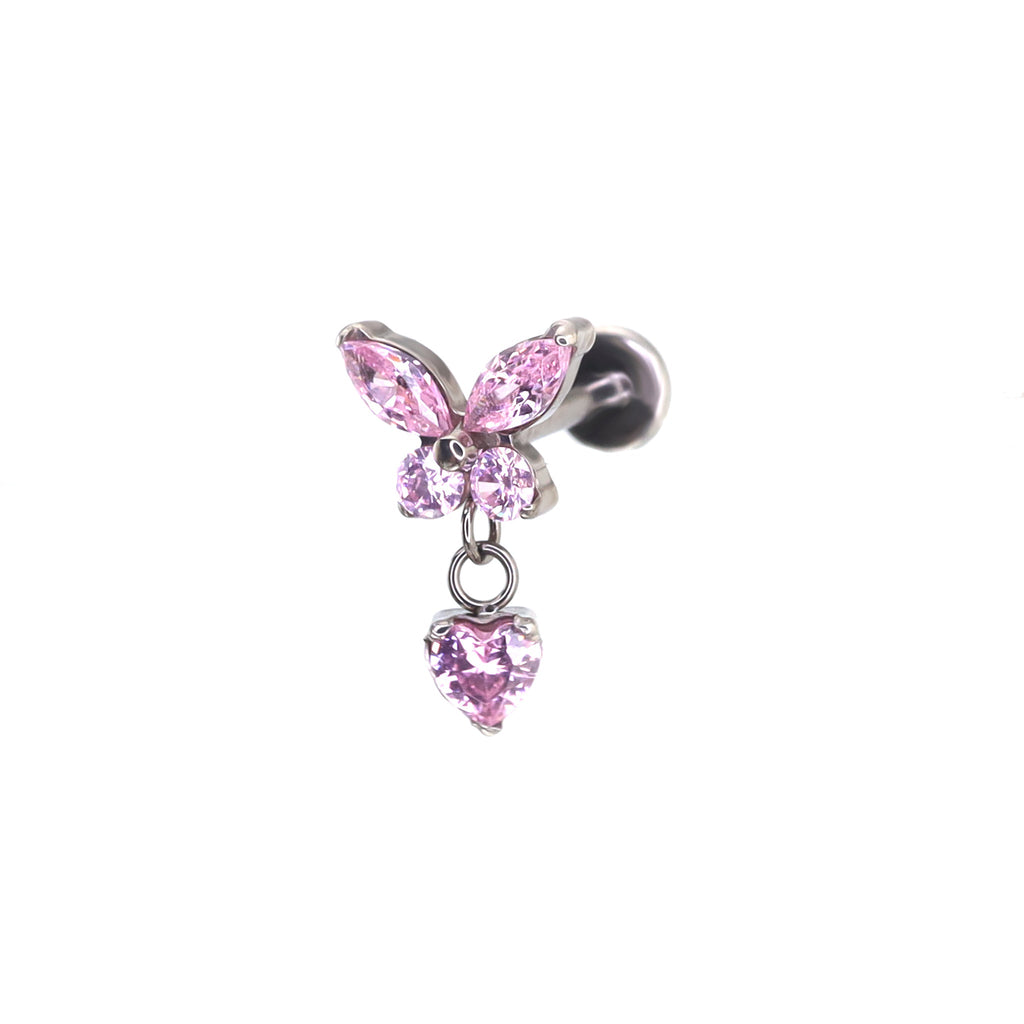Butterfly & Heart Pendant CZ Titanium Labret Studs - Butterfly & Heart Pendant CZ Titanium Labret Studs - Pink / 6mm by CRUXJEWELRY