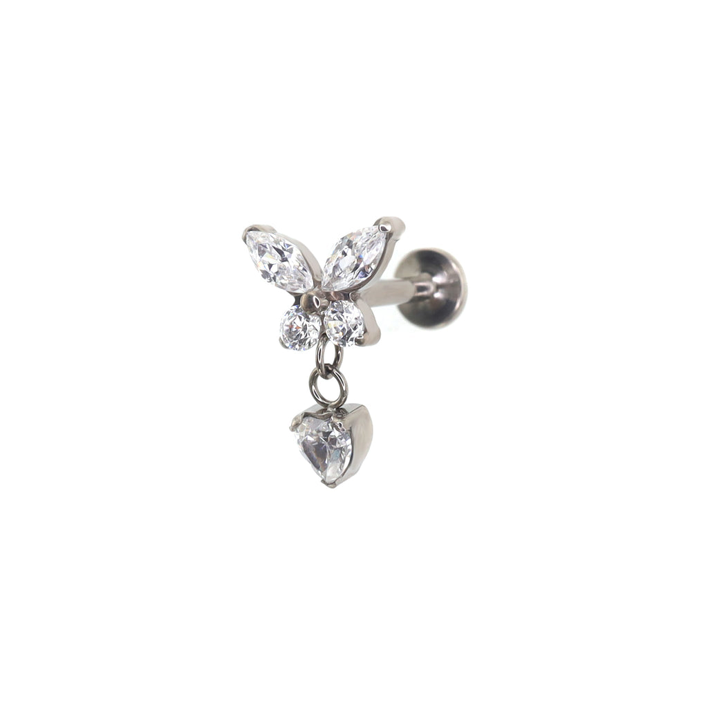 Butterfly & Heart Pendant CZ Titanium Labret Studs - Butterfly & Heart Pendant CZ Titanium Labret Studs - White / 6mm by CRUXJEWELRY